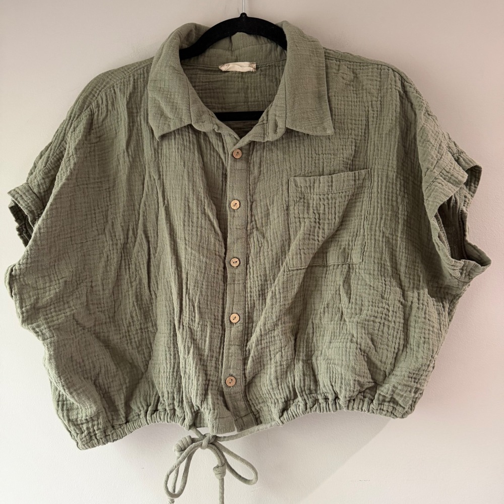 Altar'd State Gauze Button Down Shirt Womens Large Green Crop Top Tie Front